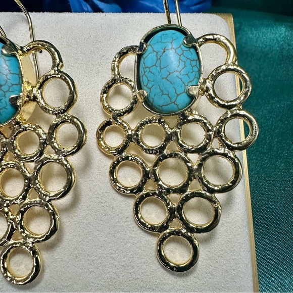 Turquoise Gold Drop Earrings – Handmade Boho Statement Jewelry NWT - Picture 6 of 9